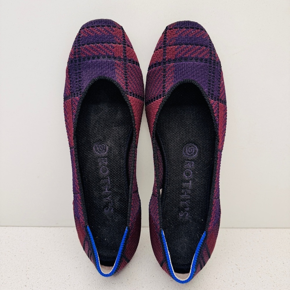 Rothy's The Square Toe Cranberry Plaid Flats Shoes Sz 7.5